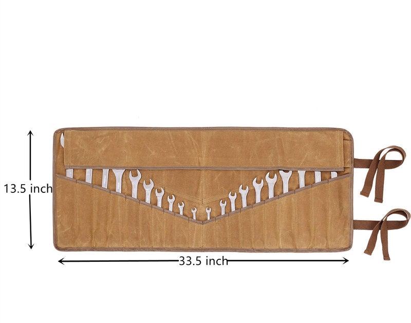 Denifiter 20+4 Pockets Roll Up Pouch, Hand Tool Roll Bag, Durable 16OZ Waxed Canvas Wrench Roll for Metric or SAE (Khaki) - Image 2